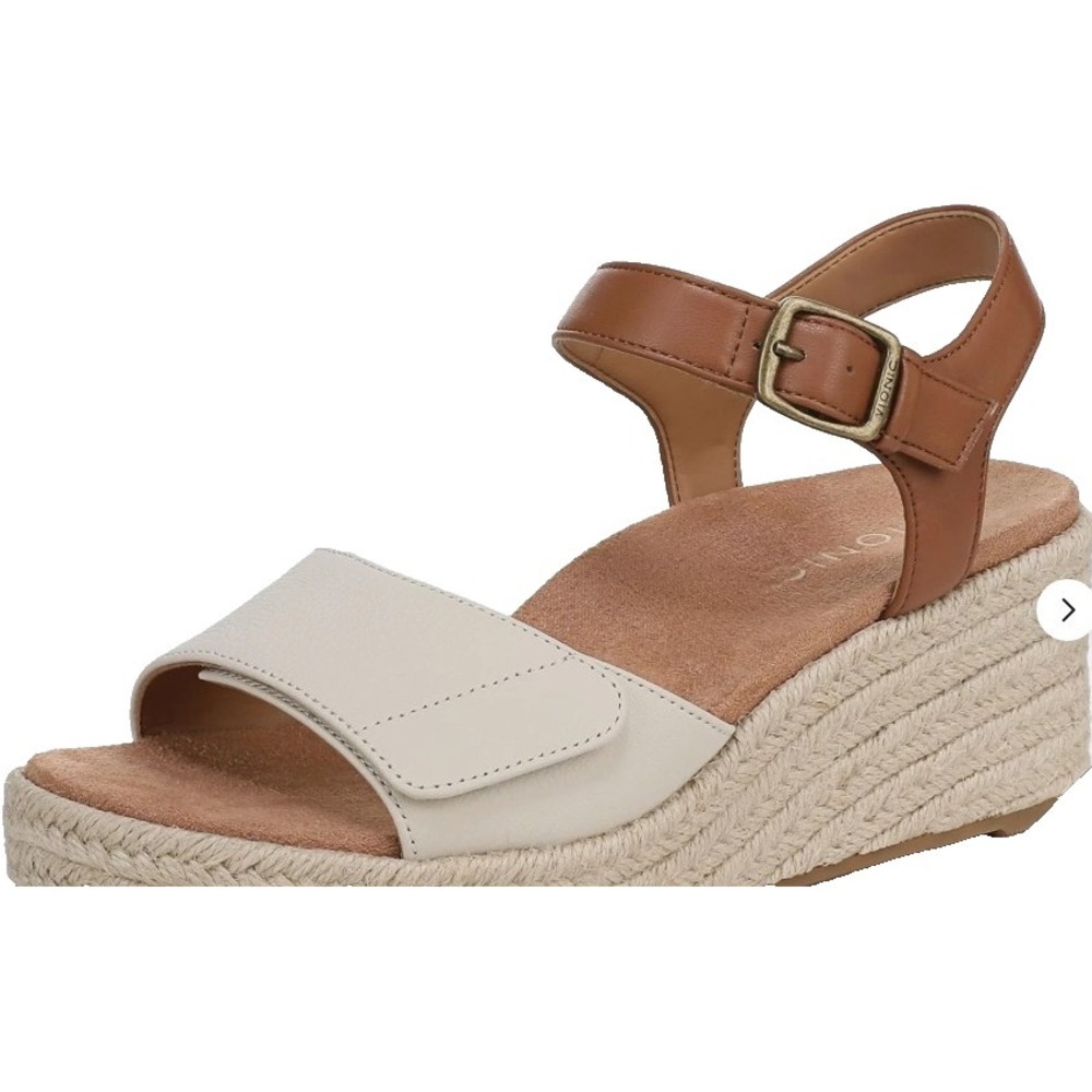 Vionic Sable Women's Comfort Wedge Sandals Shoes 8 WIDE Cream Tan Leather NIB